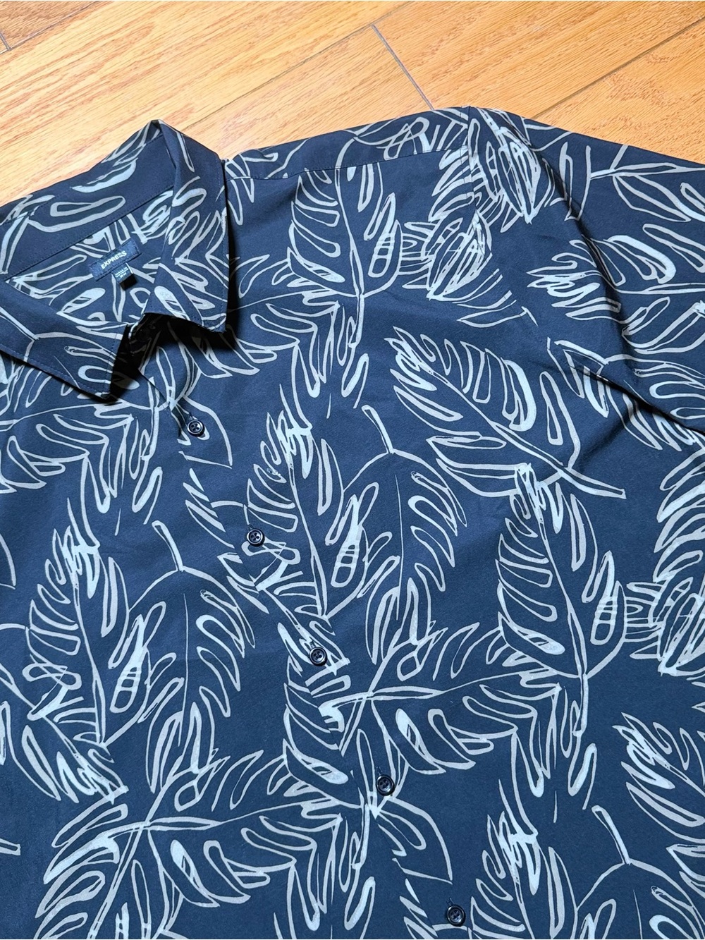 Express Navy Blue Button-Down Shirt with Light Blue Leaf Print
